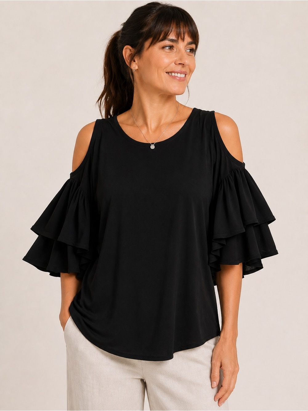 LAPIS Black Cold Shoulder Ruffle Sleeve Blouse Size Medium